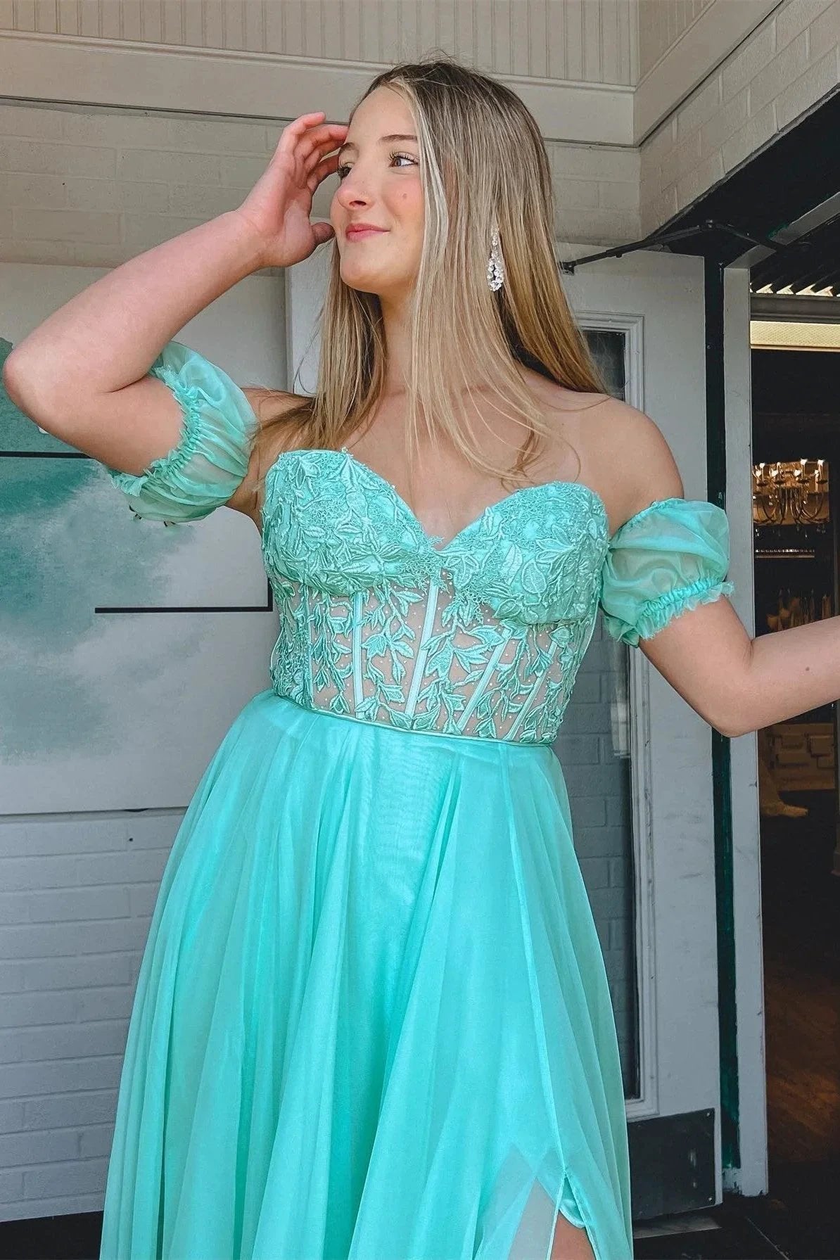 Rachel |A line Sweetheart Chiffon Prom Dress with Puff Sleeves by KissProm