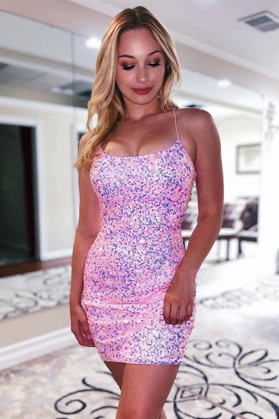 Glitter Sequin Spaghetti Straps Lace Up Tight Homecoming Dress by KissProm
