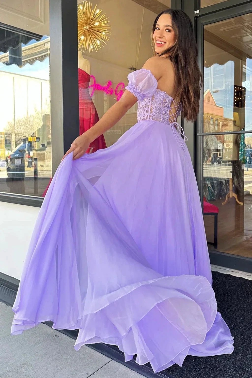 Rachel |A line Sweetheart Chiffon Prom Dress with Puff Sleeves by KissProm