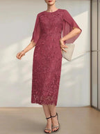 Sheath/Column Scoop Tea-Length Lace Chiffon Mother of the Bride Dress by Dreamylily
