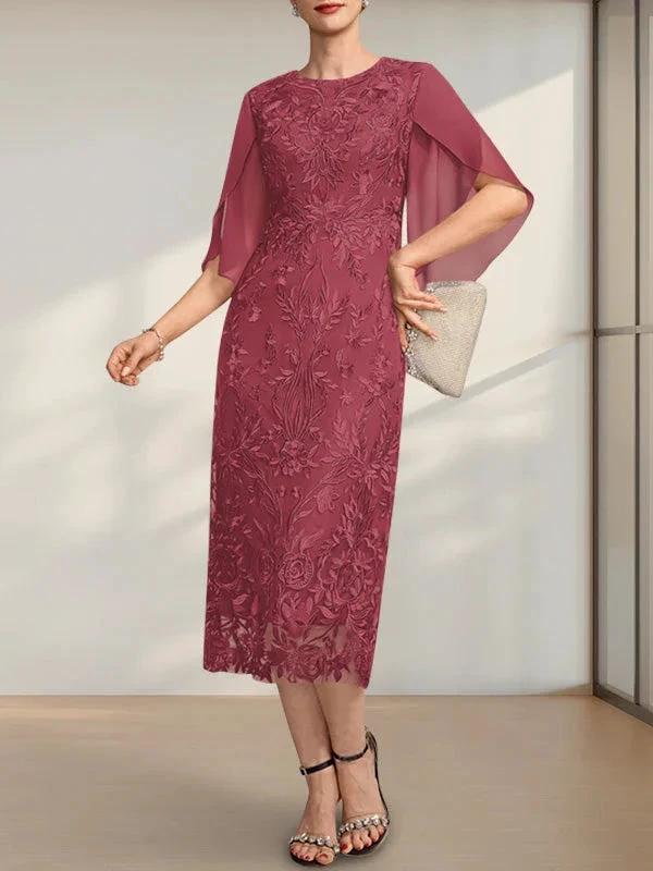 Sheath/Column Scoop Tea-Length Lace Chiffon Mother of the Bride Dress by Dreamylily