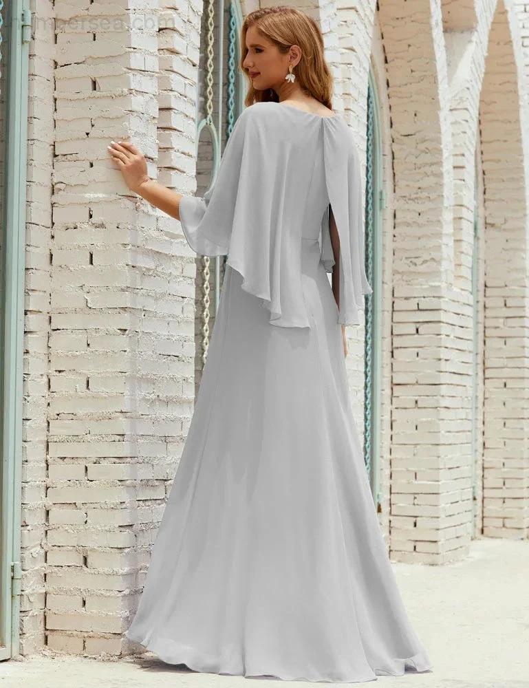 Sunnderly Bridesmaid Dress Women Long Sleeve V-Neck Chiffon Formal Wedding Party Dress SY28018 by numbersea