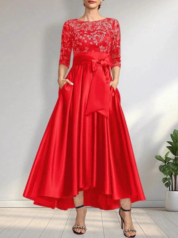 A-line Scoop Illusion Asymmetrical Satin Lace Mother of the Bride Dress With Bow by Dreamylily
