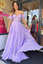 Rachel |A line Sweetheart Chiffon Prom Dress with Puff Sleeves by KissProm