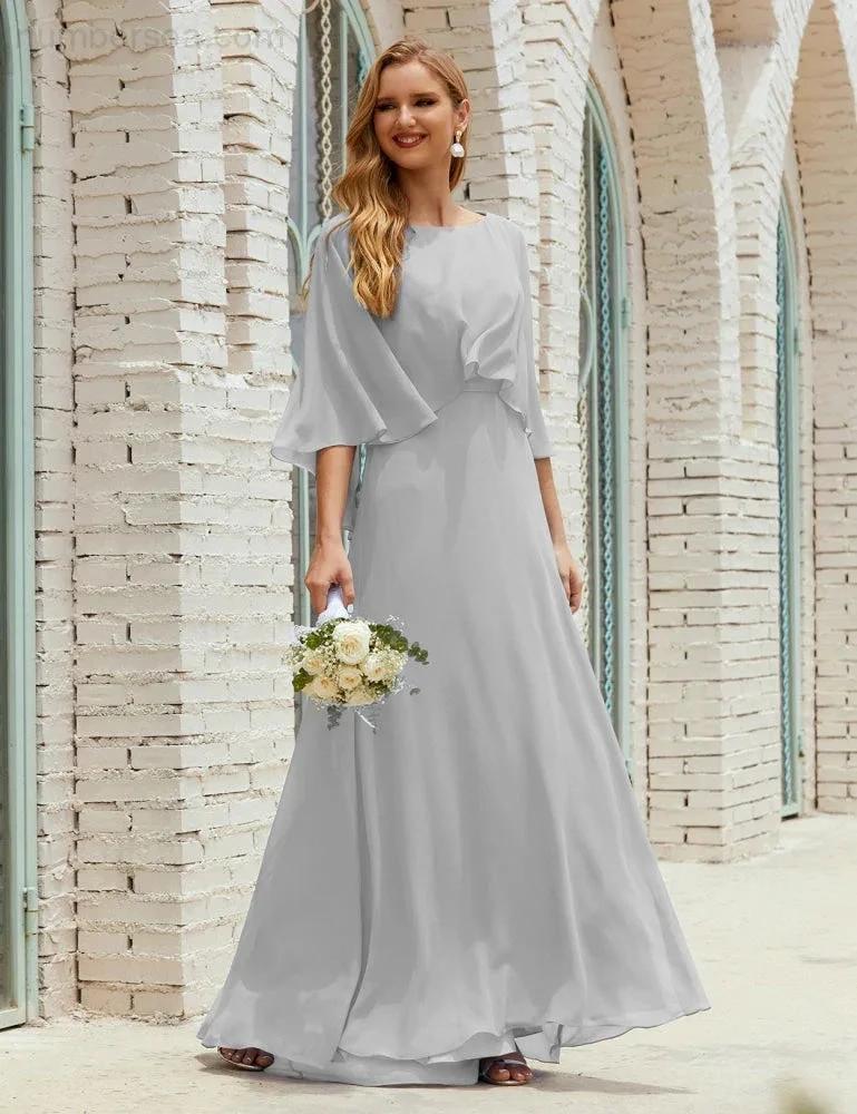 Sunnderly Bridesmaid Dress Women Long Sleeve V-Neck Chiffon Formal Wedding Party Dress SY28018 by numbersea