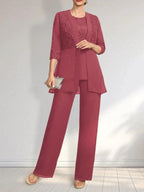 Jumpsuit/Pantsuit Separates Scoop Floor-Length Chiffon Lace Mother of the Bride Dress With Sequins by Dreamylily