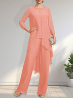 Separates Jumpsuit/Pantsuit Scoop Floor-Length Chiffon Mother of the Bride Dress With Sequins Beading