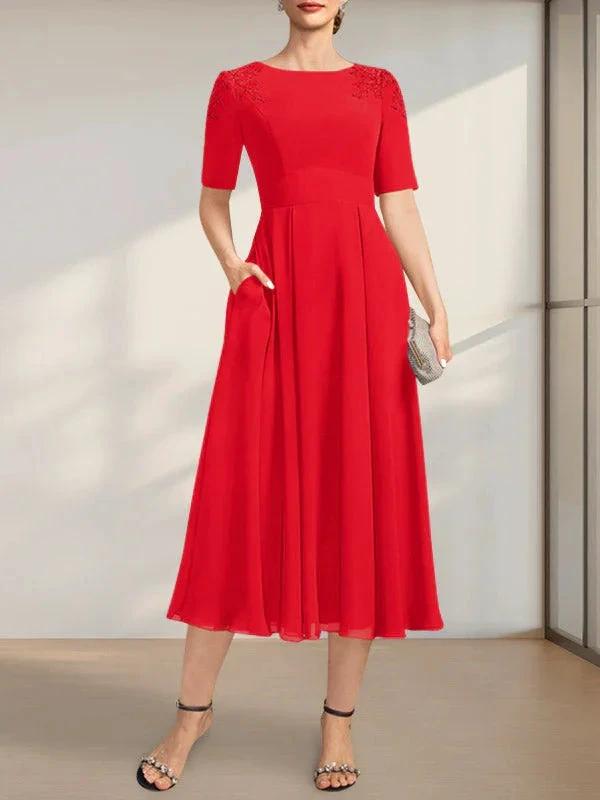 A-line Scoop Tea-Length Chiffon Mother of the Bride Dress With Appliques Lace Sequins by Dreamylily