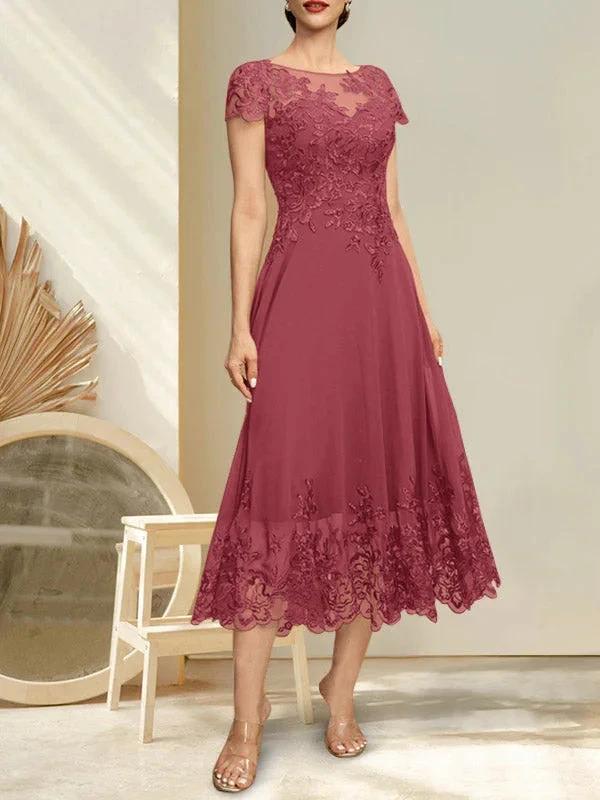 A-line Illusion Scoop Tea-Length Lace Chiffon Mother of the Bride Dress With Sequins by Dreamylily