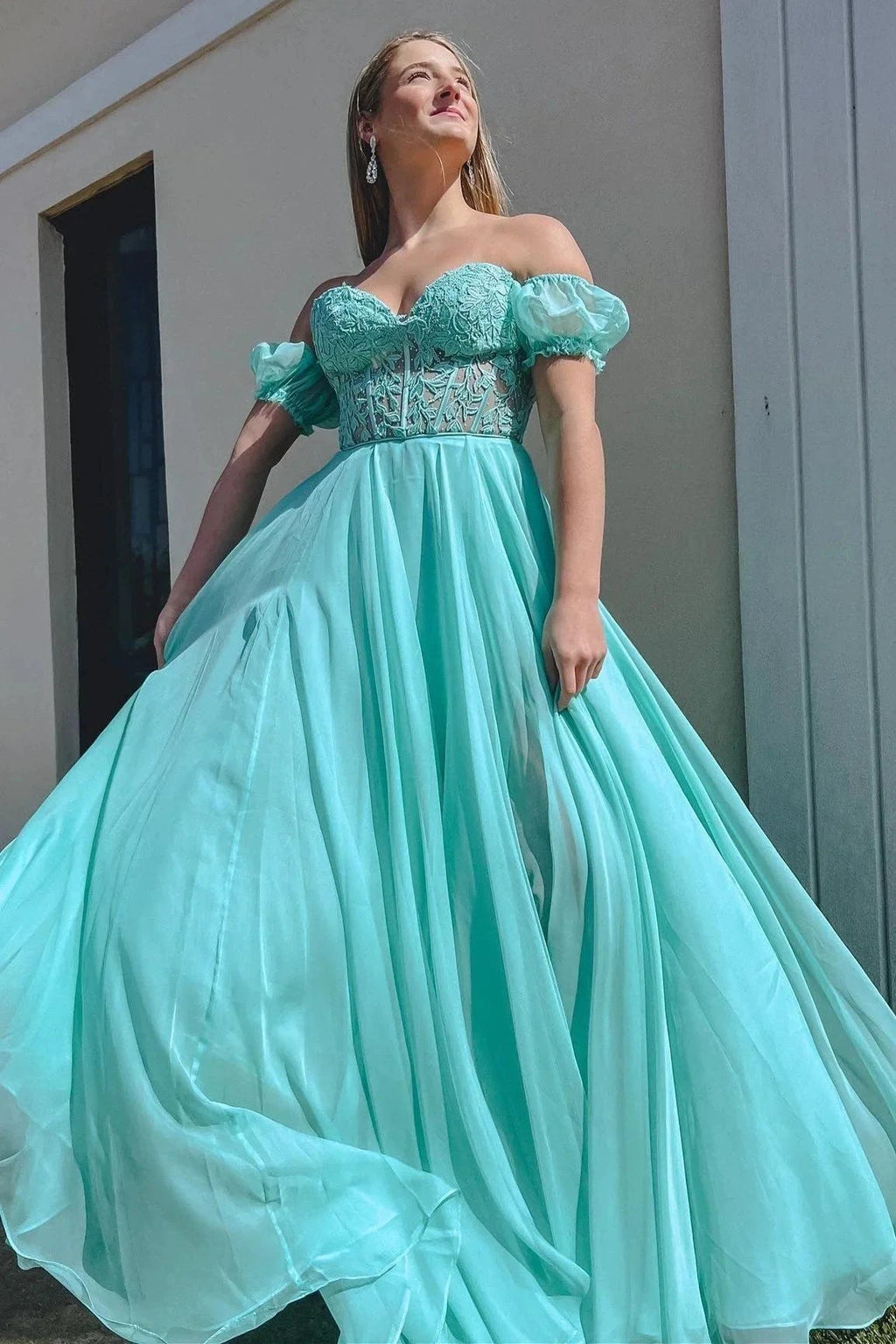 Rachel |A line Sweetheart Chiffon Prom Dress with Puff Sleeves by KissProm