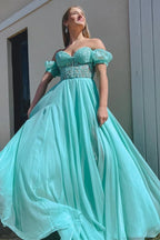 Rachel |A line Sweetheart Chiffon Prom Dress with Puff Sleeves by KissProm