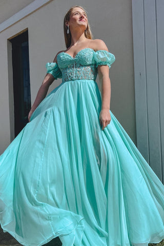Rachel | A-Linien-Ballkleid aus Chiffon mit Herzausschnitt und Puffärmeln