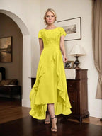 A-line Scoop Illusion Asymmetrical Chiffon Lace Mother of the Bride Dress With Bow Ruffle Sequins by Dreamylily