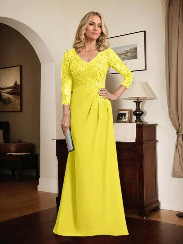 Sheath/Column V-Neck Illusion Floor-Length Lace Chiffon Mother of the Bride Dress With Pleated Sequins by Dreamylily