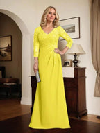 Sheath/Column V-Neck Illusion Floor-Length Lace Chiffon Mother of the Bride Dress With Pleated Sequins by Dreamylily