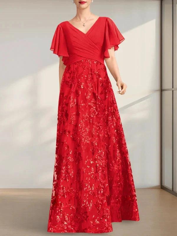 A-line V-Neck Floor-Length Lace Sequin Chiffon Mother of the Bride Dress With Pleated by Dreamylily