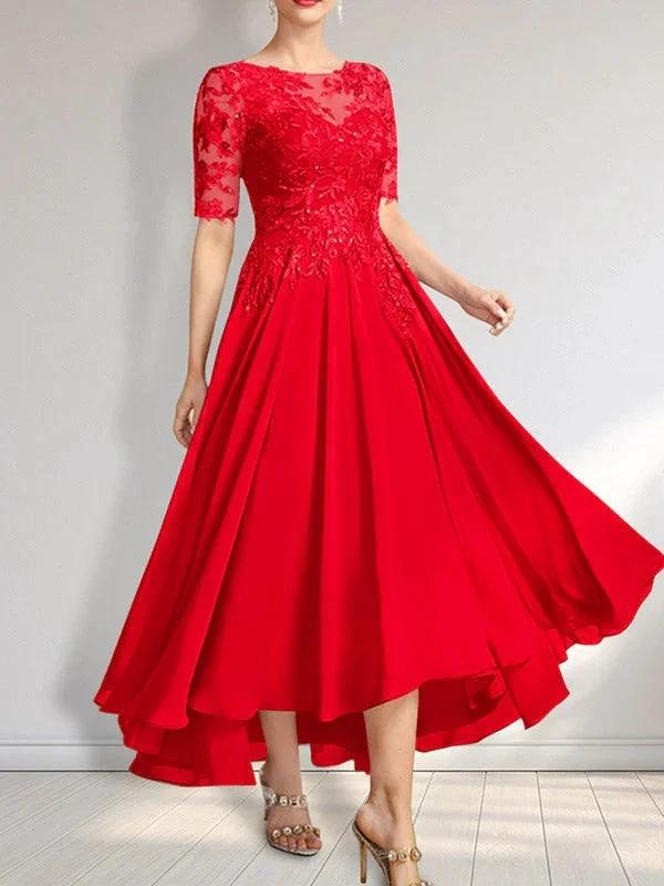 A-line Scoop Illusion Asymmetrical Chiffon Lace Mother of the Bride Dress With Sequins by Dreamylily