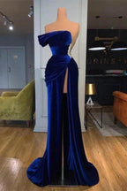 Dark Blue One-Shoulder Mermaid Prom Dress Long Split with Beads by BIZTUNNEL