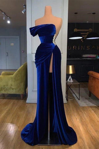 Dunkelblaues One-Shoulder-Meerjungfrau-Ballkleid, lang, mit Schlitz und Perlen