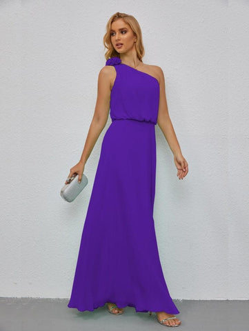 Ruffled One Shoulder Sleeveless Long Bridesmaid Dresses A-line Formal Evening Gown Side Split 28080