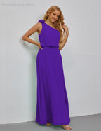 Ruffled One Shoulder Sleeveless Long Bridesmaid Dresses A-line Formal Evening Gown Side Split 28080 by numbersea