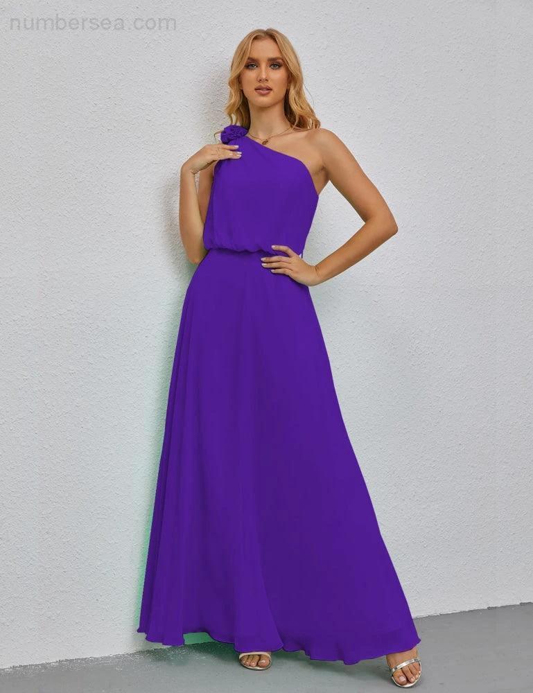 Ruffled One Shoulder Sleeveless Long Bridesmaid Dresses A-line Formal Evening Gown Side Split 28080 by numbersea