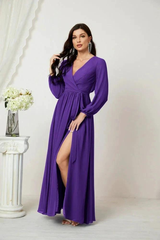 Sunnderly Evening Dresses Deep V-Neck Chiffon Bridesmaid Dresses Long Bishop Sleeve Side Split Formal Dress SY2806 by numbersea