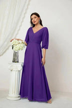 Numbersea Formal Prom Gown Women V-Neck Chiffon Bridesmaid Dresses Long Bishop Sleeve Party Dress 2807 by numbersea