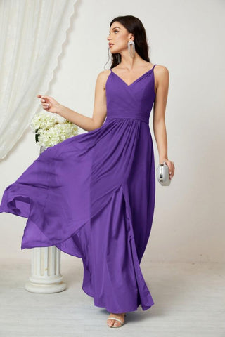 Numbersea Chiffon V-Neck Bridesmaid Dress Spaghetti Strap Long Formal Party Prom Gowns with Slit 28010