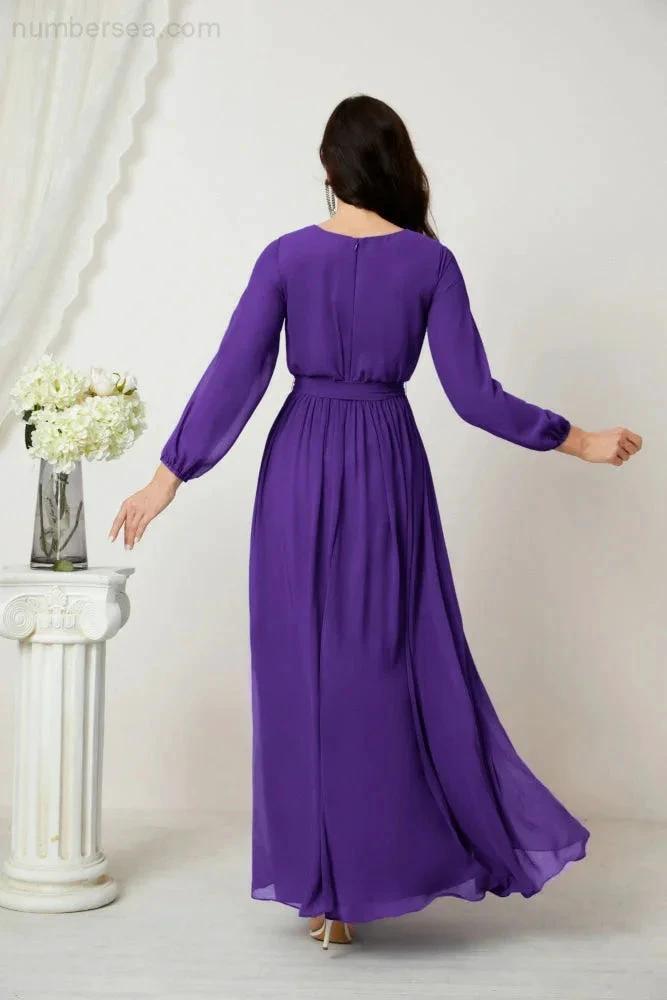 Sunnderly Evening Dresses Deep V-Neck Chiffon Bridesmaid Dresses Long Bishop Sleeve Side Split Formal Dress SY2806 by numbersea