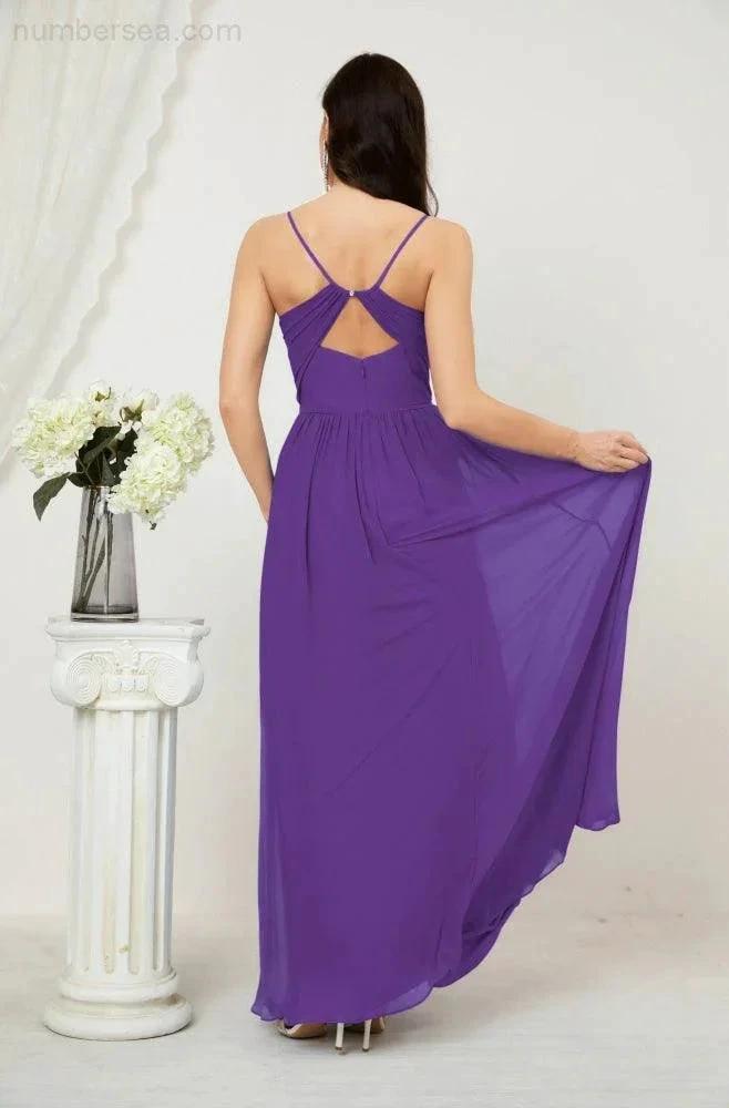 Numbersea Neck Bridesmaid Dresses Chiffon Long Spaghetti A-line Formal Prom Gown for Wedding Party Evening 2801 by numbersea