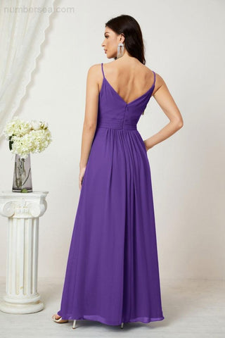 Numbersea Chiffon V-Neck Bridesmaid Dress Spaghetti Strap Long Formal Party Prom Gowns with Slit 28010