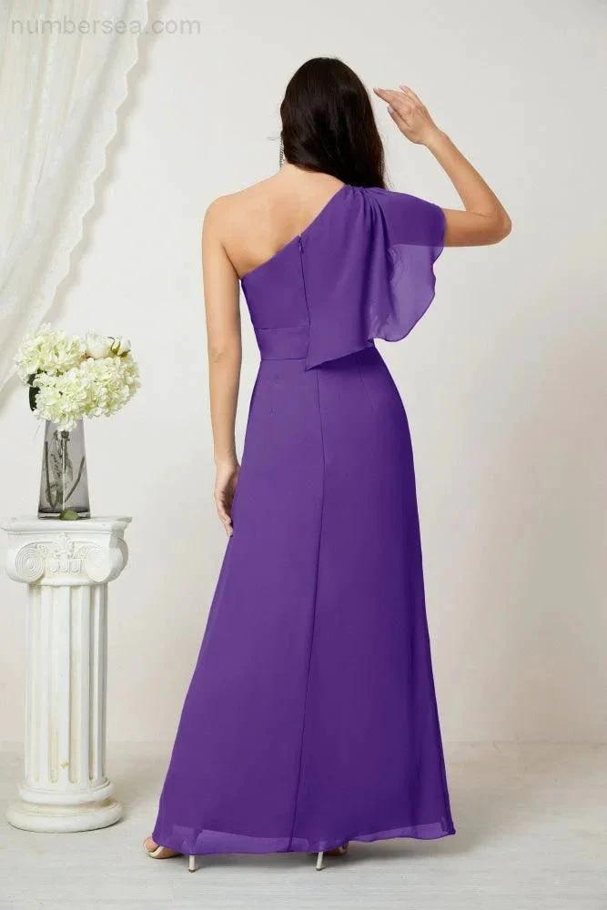 Numbersea Chiffon Ruffled One Shoulder Long Bridesmaid Dresses A-line Formal Evening Gown Side Split 2809 by numbersea