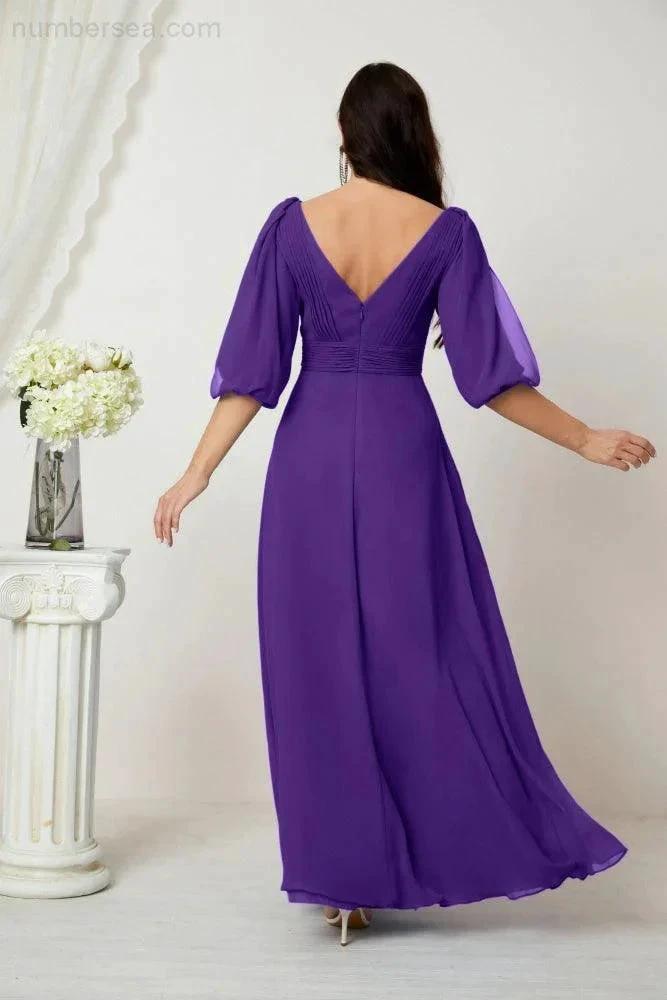 Numbersea Formal Prom Gown Women V-Neck Chiffon Bridesmaid Dresses Long Bishop Sleeve Party Dress 2807 by numbersea