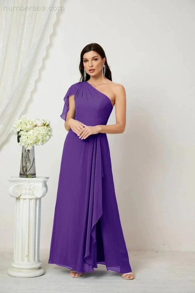 Numbersea Chiffon Ruffled One Shoulder Long Bridesmaid Dresses A-line Formal Evening Gown Side Split 2809 by numbersea