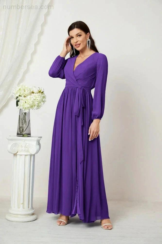 Sunnderly Evening Dresses Deep V-Neck Chiffon Bridesmaid Dresses Long Bishop Sleeve Side Split Formal Dress SY2806 by numbersea