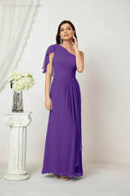 Numbersea Chiffon Ruffled One Shoulder Long Bridesmaid Dresses A-line Formal Evening Gown Side Split 2809 by numbersea