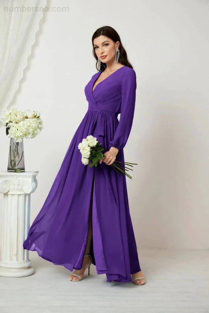 Sunnderly Evening Dresses Deep V-Neck Chiffon Bridesmaid Dresses Long Bishop Sleeve Side Split Formal Dress SY2806 by numbersea