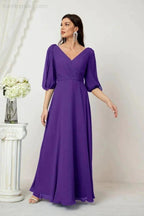 Numbersea Formal Prom Gown Women V-Neck Chiffon Bridesmaid Dresses Long Bishop Sleeve Party Dress 2807 by numbersea