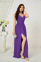 Numbersea Neck Bridesmaid Dresses Chiffon Long Spaghetti A-line Formal Prom Gown for Wedding Party Evening 2801 by numbersea