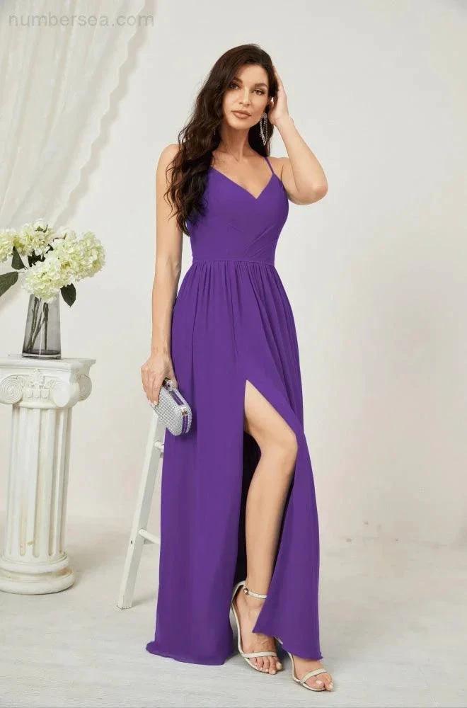 Numbersea Neck Bridesmaid Dresses Chiffon Long Spaghetti A-line Formal Prom Gown for Wedding Party Evening 2801 by numbersea