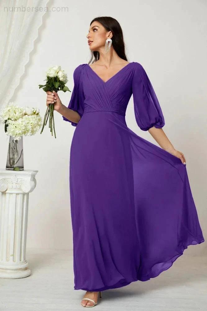 Numbersea Formal Prom Gown Women V-Neck Chiffon Bridesmaid Dresses Long Bishop Sleeve Party Dress 2807 by numbersea