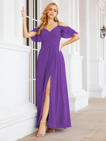 Numbersea Cold Shoulder Long Bridesmaid Dresses Side Slit Formal Prom Gowns Party Wedding 28070