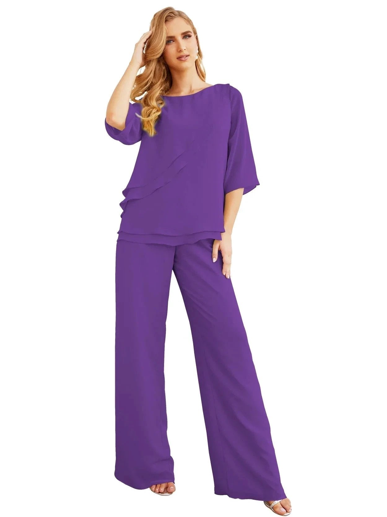 Sunnderly Elegant 2 Piece Mother of The Bride Dress Plus Size Pant Suits Ruffle Layers Sliver Housecoat SY28064 by numbersea