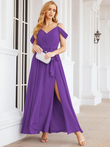 Numbersea Off The Shoulder Chiffon Bridesmaid Dress Long Formal Graduation Gown with Cowl Back 28069