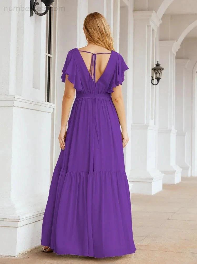 Numbersea Women's Open Back Formal Evening Party Prom Gowns V-Neck Long Chiffon Bridesmaid Dresses with Waist Belt 28038 by numbersea