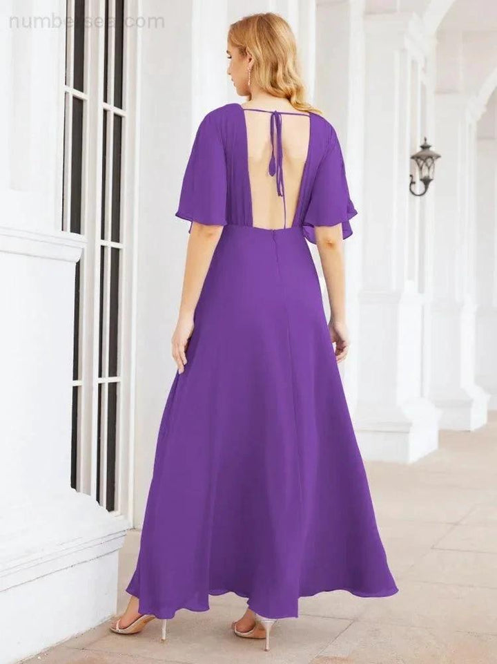 Numbersea V-Neck Bridesmaid Dress Chiffon Long Open Back Formal Dresses for Women Party Evening 28067 by numbersea