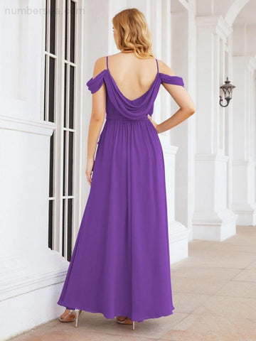 Numbersea Off The Shoulder Chiffon Bridesmaid Dress Long Formal Graduation Gown with Cowl Back 28069