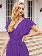 Numbersea Women's Open Back Formal Evening Party Prom Gowns V-Neck Long Chiffon Bridesmaid Dresses with Waist Belt 28038 by numbersea
