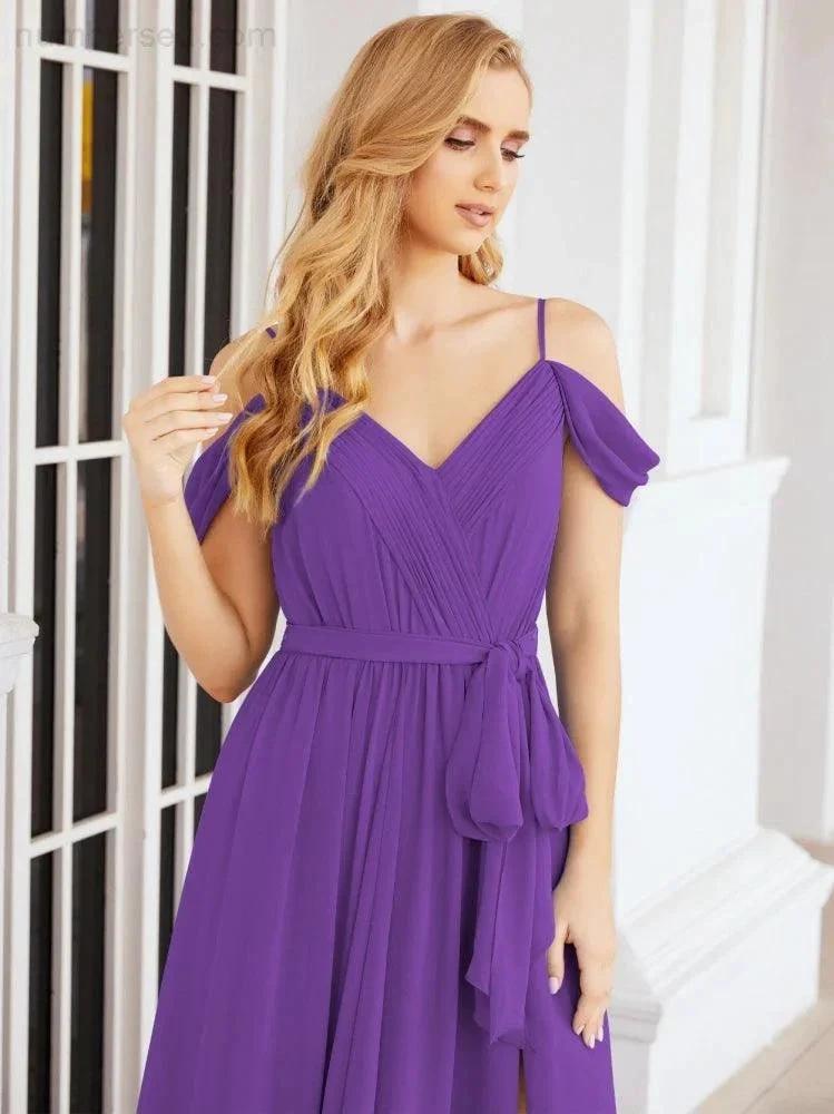 Numbersea Off The Shoulder Chiffon Bridesmaid Dress Long Formal Graduation Gown with Cowl Back 28069 by numbersea